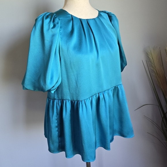 Lilly Pulitzer, Blakelynn Blue Rhapsody Puff Sleeve Satin Blouse Top, SZ Small 2 - Picture 5 of 12